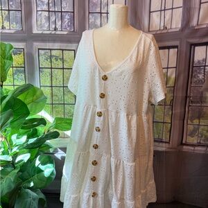 Tiered White Eyelet Button Down Dress Pockets Emery Rose 2XL Casual